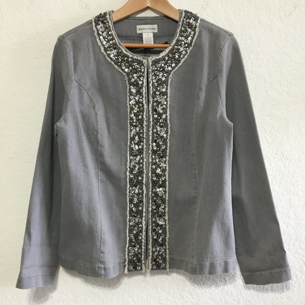 Draper's & Damon's Womens M Stretch Denim Jacket Bead Embellishments Crew Neck